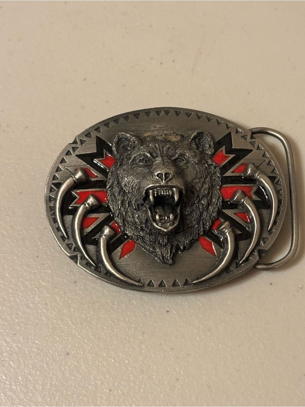 Men's Silver Bear Head Belt Buckle with Red Accents